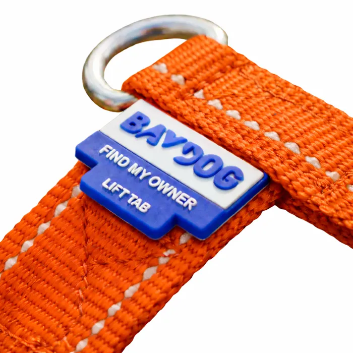 BAYDOG Chesapeake Bay Dog Harness blaze orange label close-up