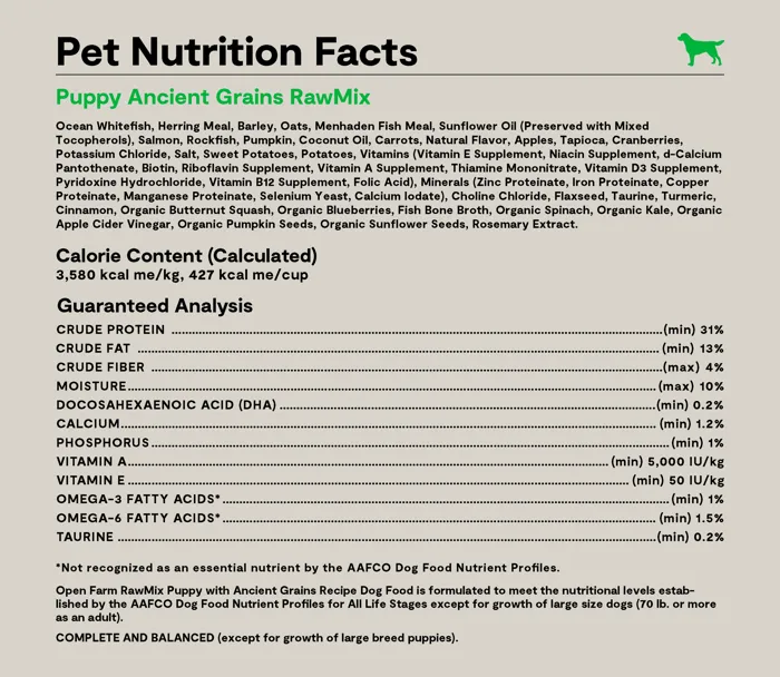 Open Farm RawMix Puppy Ancient Grains nutrition facts label