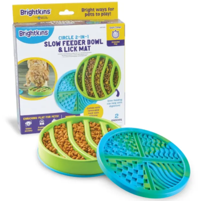 Brightkins Circle slow feeder and lick mat packaged view