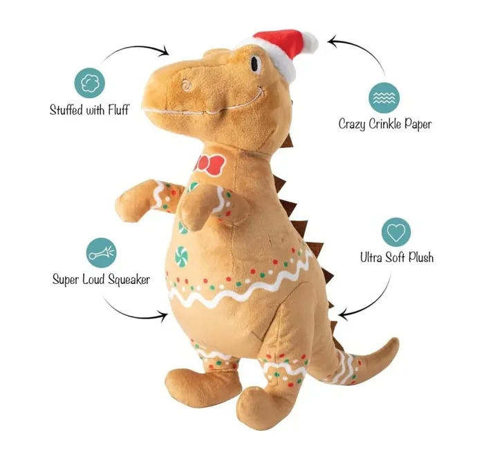 Fringe Studio Cookie-Saurus plush dog toy feature details